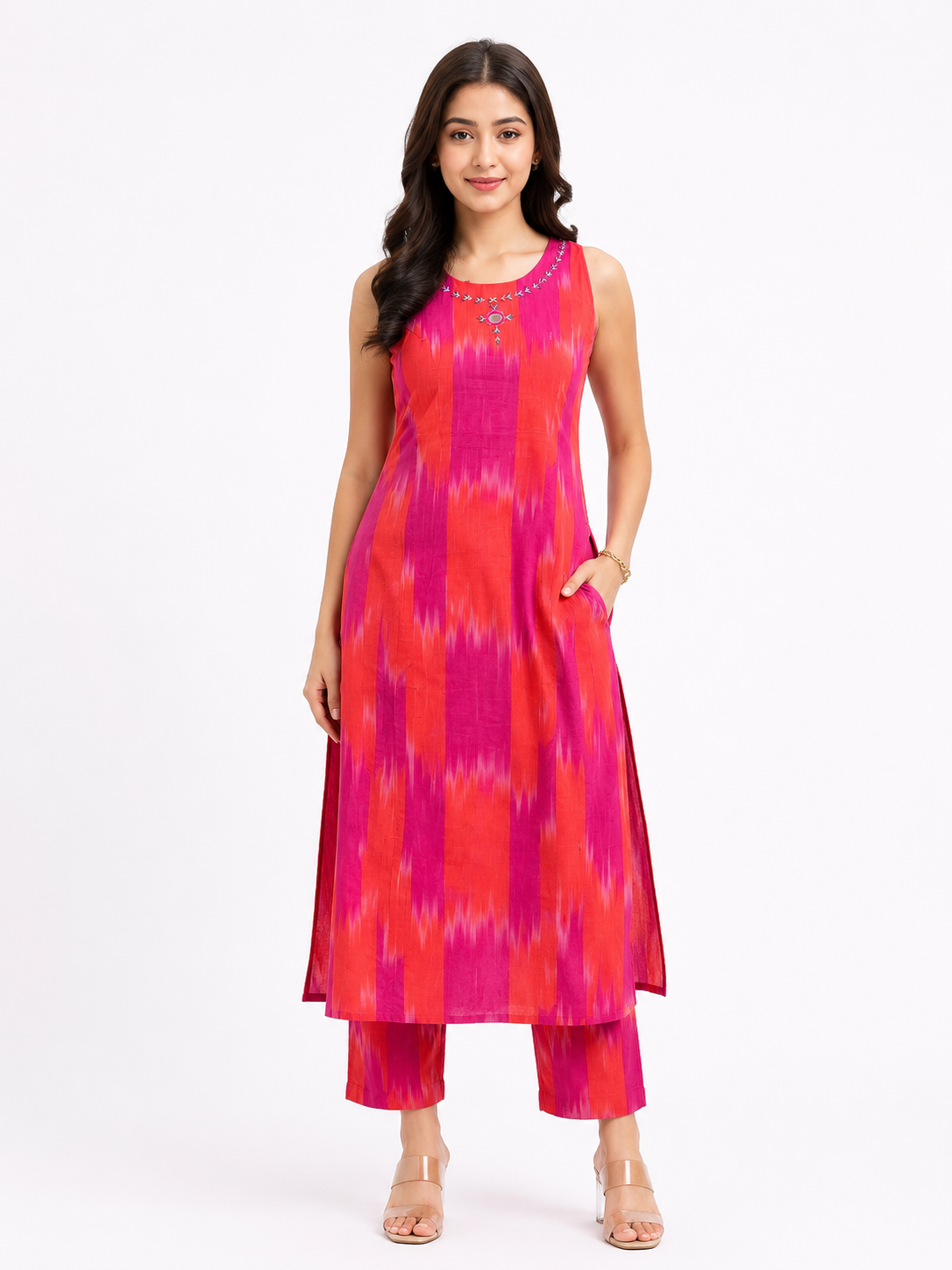 Pink & Coral Ikat Print Sleeveless Cotton Kurta Pant Set for Women