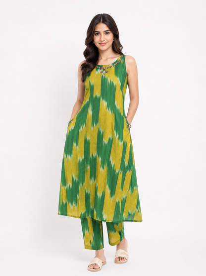 Green & Yellow Ikat Printed Sleeveless Cotton Kurta Pant Set