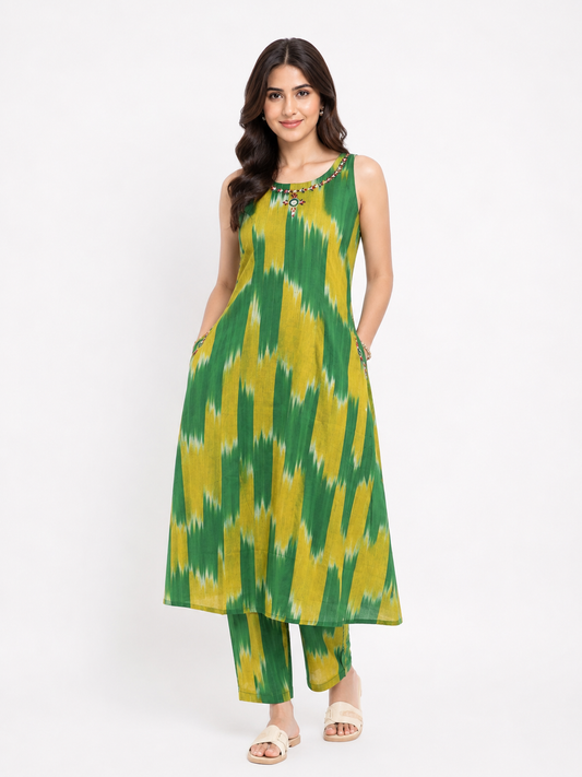 Green & Yellow Ikat Printed Sleeveless Cotton Kurta Pant Set