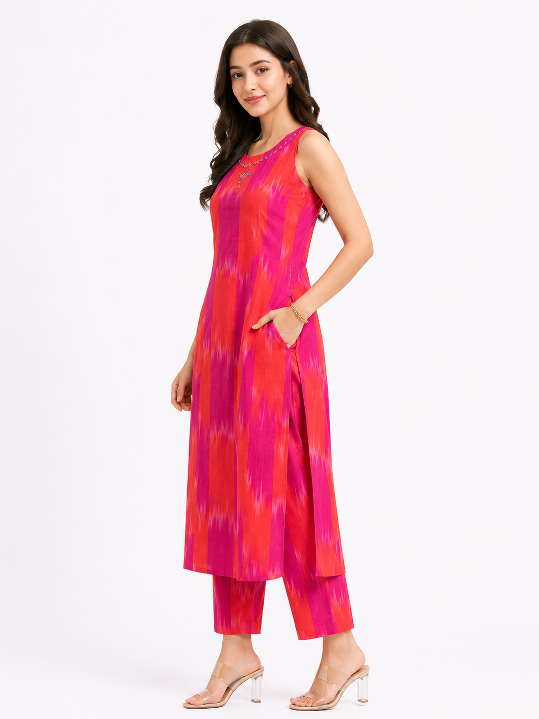Pink & Coral Ikat Print Sleeveless Cotton Kurta Pant Set for Women