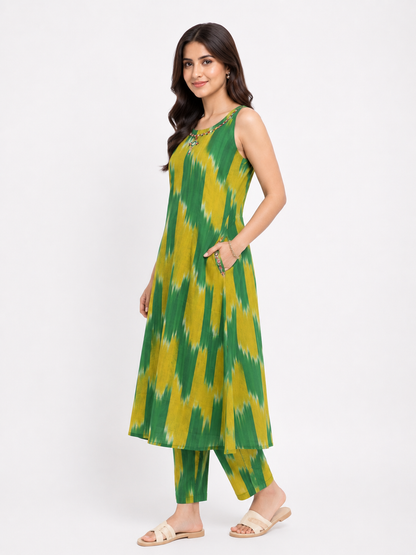 Green & Yellow Ikat Printed Sleeveless Cotton Kurta Pant Set