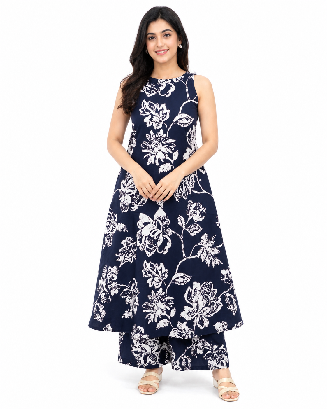 Women's Navy Blue Floral Printed Sleeveless Kurta Pant Set