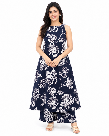 Women's Navy Blue Floral Printed Sleeveless Kurta Pant Set