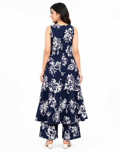 Women's Navy Blue Floral Printed Sleeveless Kurta Pant Set