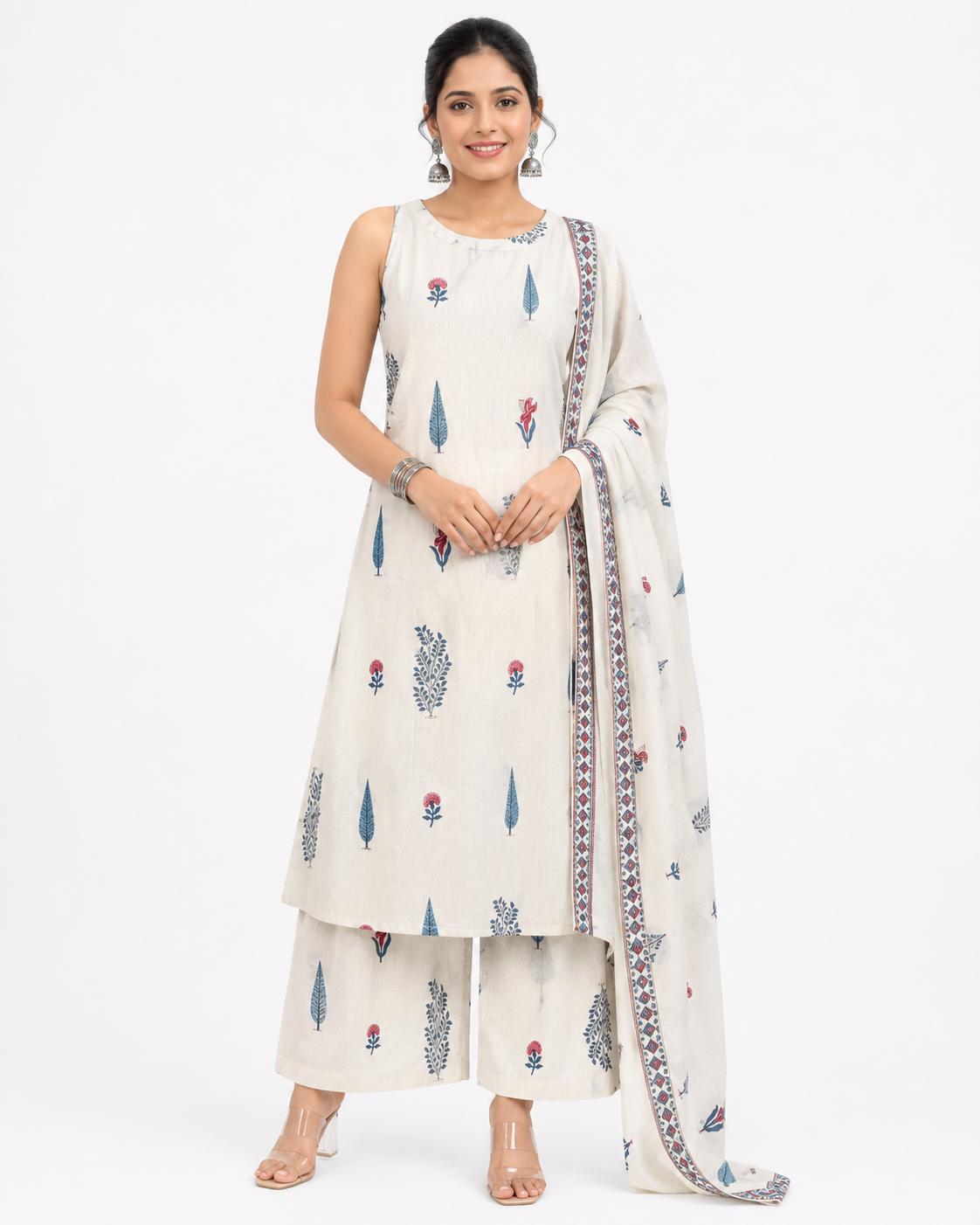 Women's Off White Floral Printed Cotton Kurta Pant Dupatta Set