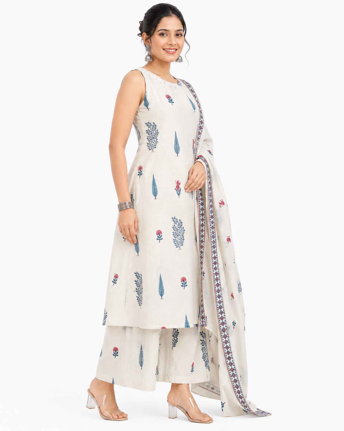 Women's Off White Floral Printed Cotton Kurta Pant Dupatta Set