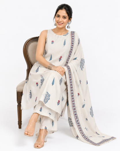 Women's Off White Floral Printed Cotton Kurta Pant Dupatta Set