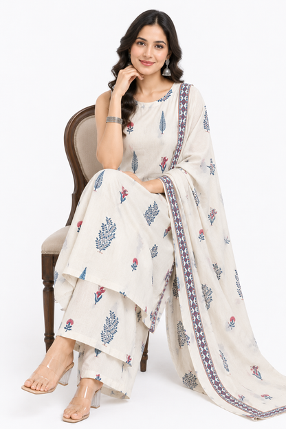 Women's Off White Floral Printed Cotton Kurta Pant Dupatta Set