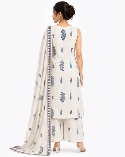 Women's Off White Floral Printed Cotton Kurta Pant Dupatta Set