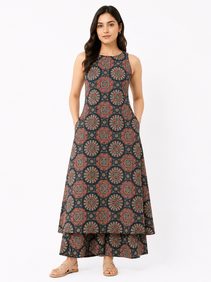 Black Sleeveless Printed Kurta Palazzo Set with Matching Dupatta for Women