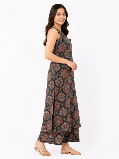Black Sleeveless Printed Kurta Palazzo Set with Matching Dupatta for Women