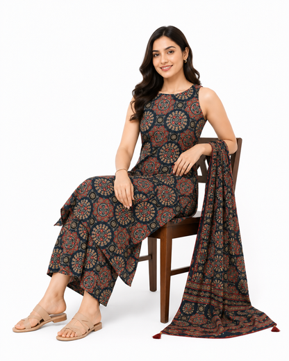 Black Sleeveless Printed Kurta Palazzo Set with Matching Dupatta for Women