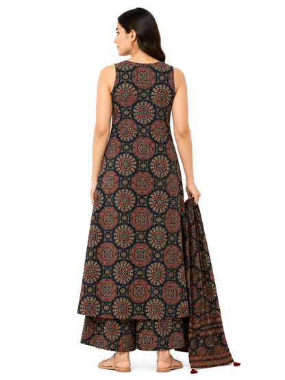 Black Sleeveless Printed Kurta Palazzo Set with Matching Dupatta for Women