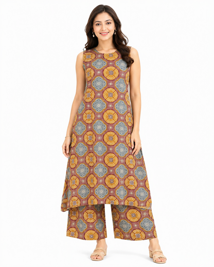 Women's Sleeveless Geometric Print A-Line Kurta Palazzo Set