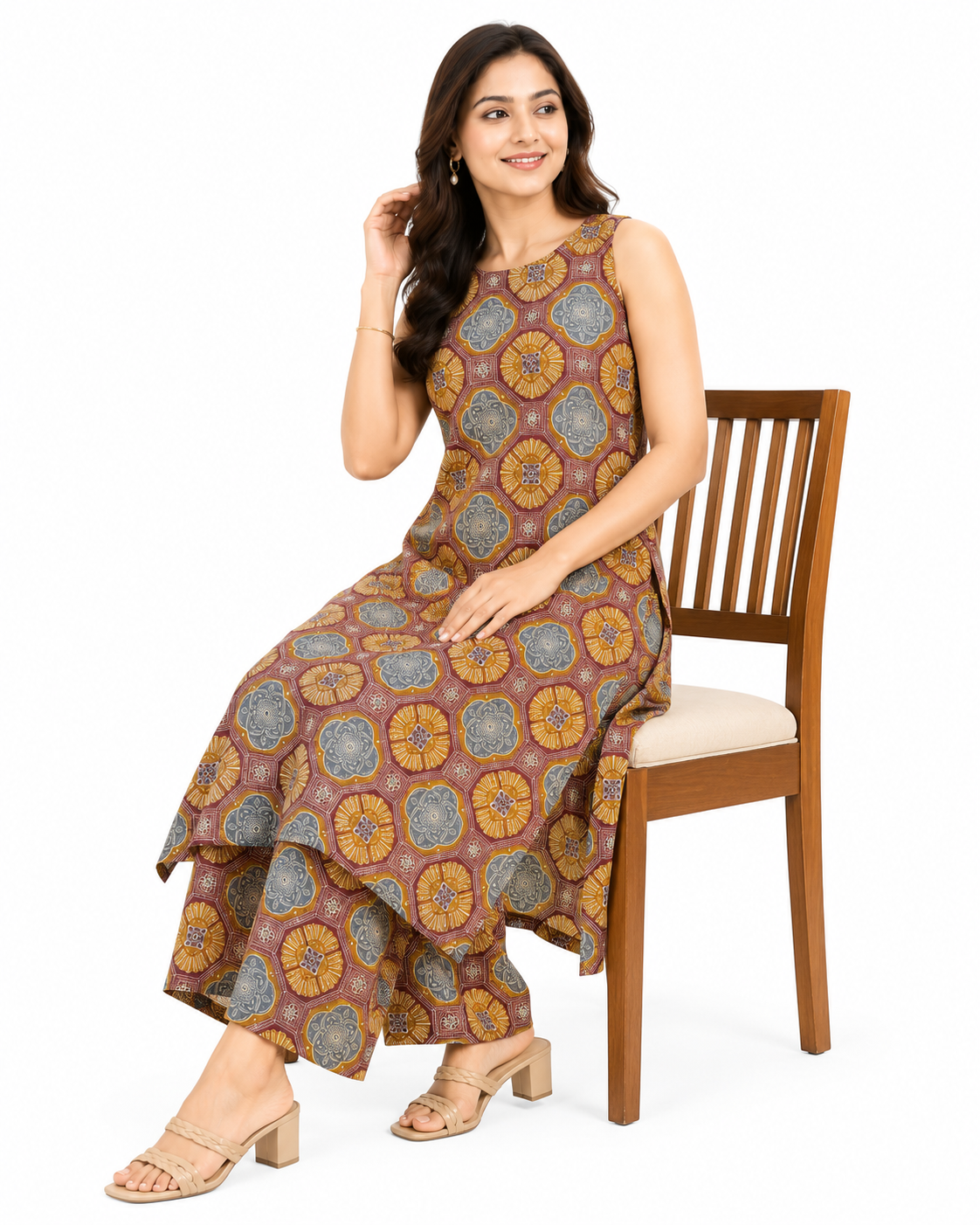 Women's Sleeveless Geometric Print A-Line Kurta Palazzo Set
