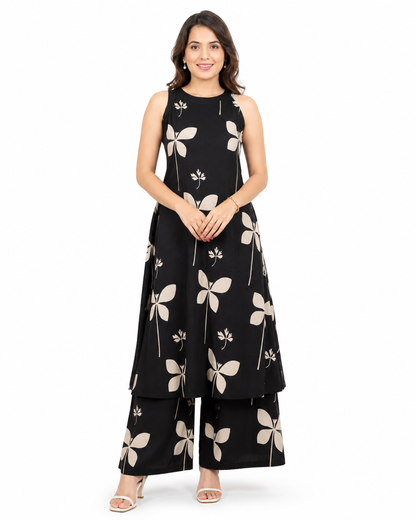Women's Black Floral Printed Sleeveless A-Line Kurta Palazzo Set