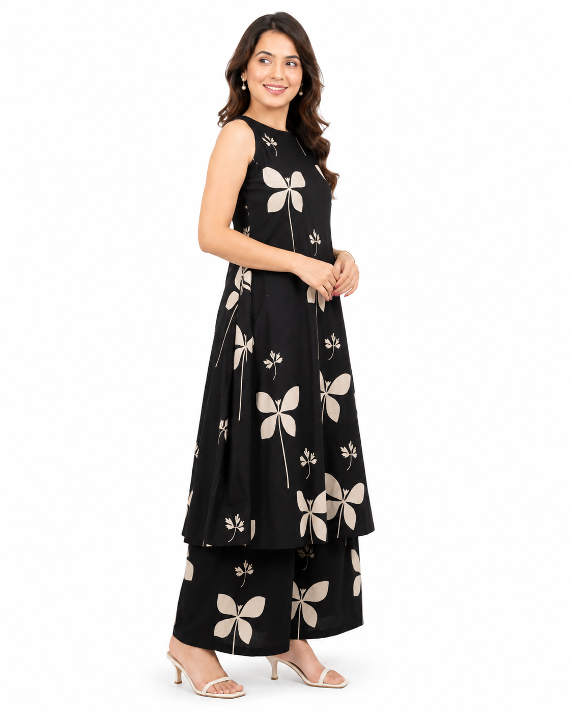 Women's Black Floral Printed Sleeveless A-Line Kurta Palazzo Set