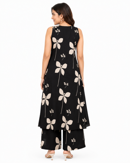 Women's Black Floral Printed Sleeveless A-Line Kurta Palazzo Set