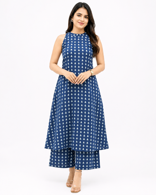 Women's Navy Blue Printed Sleeveless A-Line Kurta Palazzo Co-Ord Set