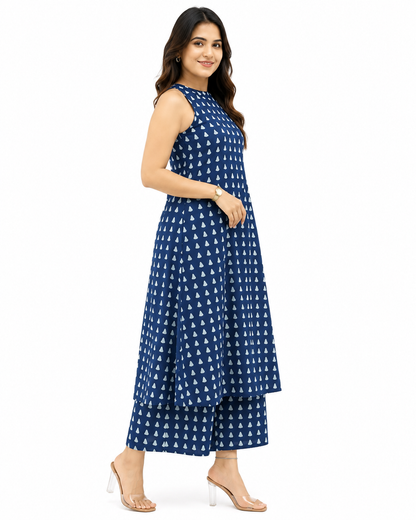 Women's Navy Blue Printed Sleeveless A-Line Kurta Palazzo Co-Ord Set