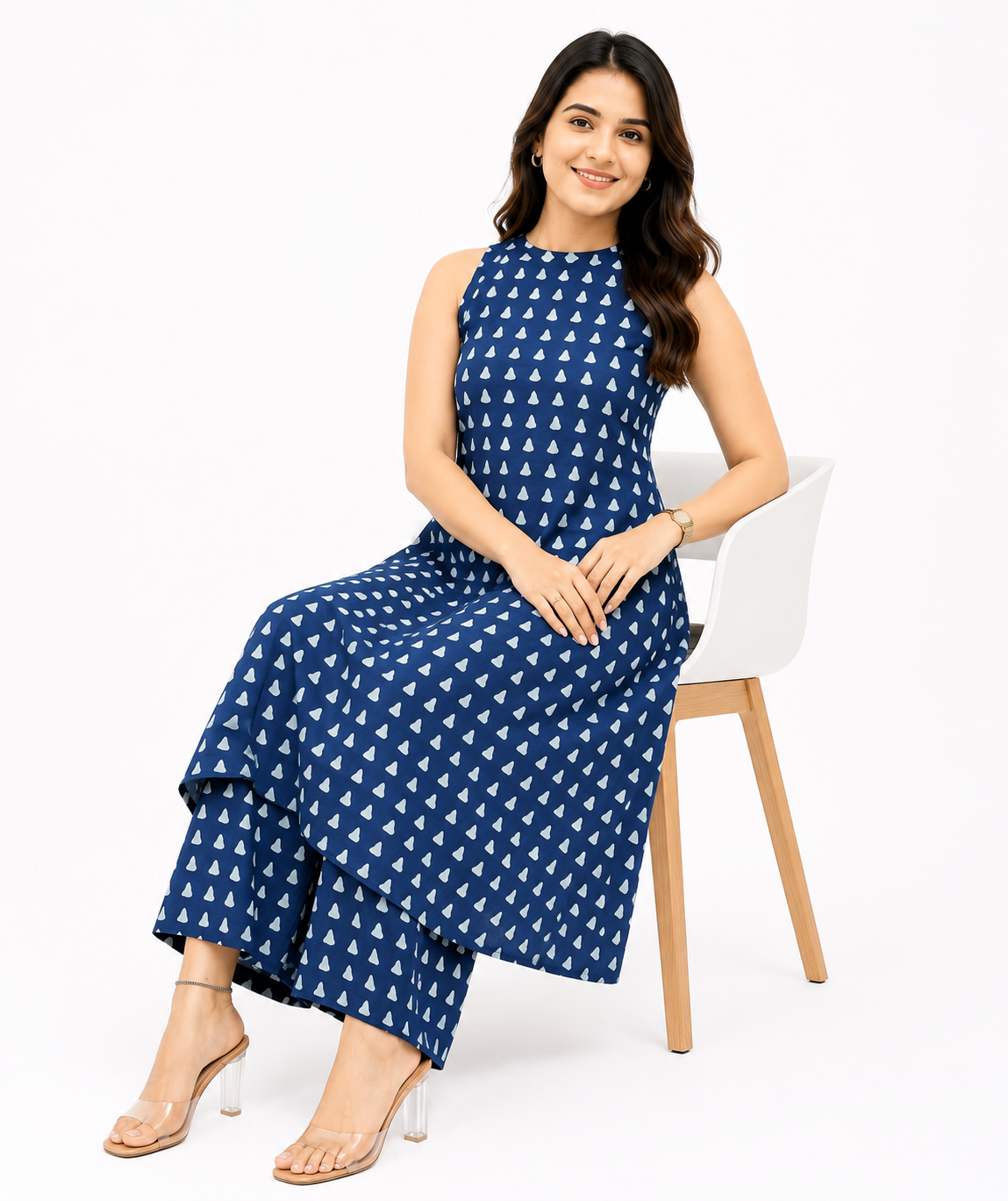 Women's Navy Blue Printed Sleeveless A-Line Kurta Palazzo Co-Ord Set