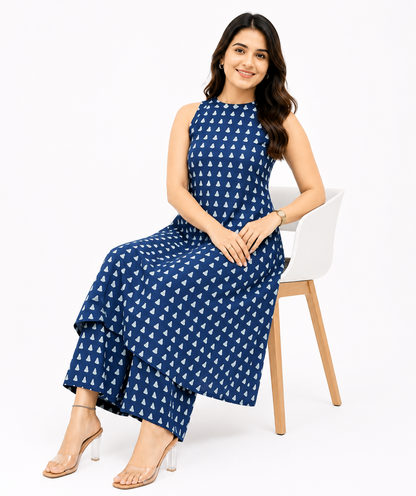 Women's Navy Blue Printed Sleeveless A-Line Kurta Palazzo Co-Ord Set