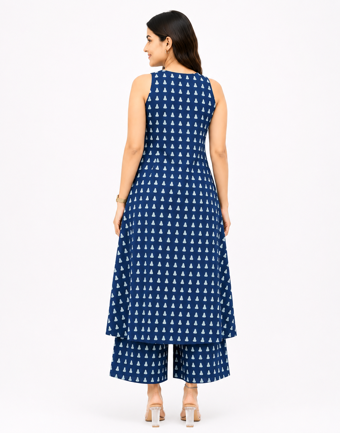 Women's Navy Blue Printed Sleeveless A-Line Kurta Palazzo Co-Ord Set