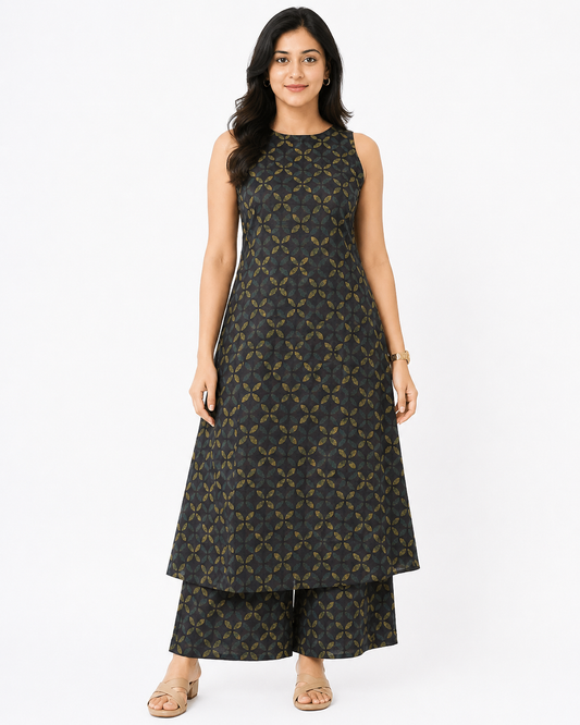 Women's Black & Olive Printed Sleeveless A-Line Kurta with Palazzo Set