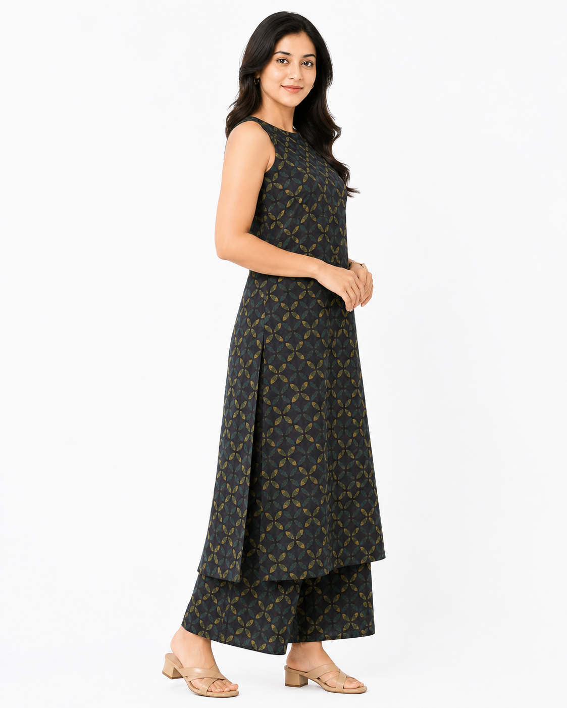 Women's Black & Olive Printed Sleeveless A-Line Kurta with Palazzo Set