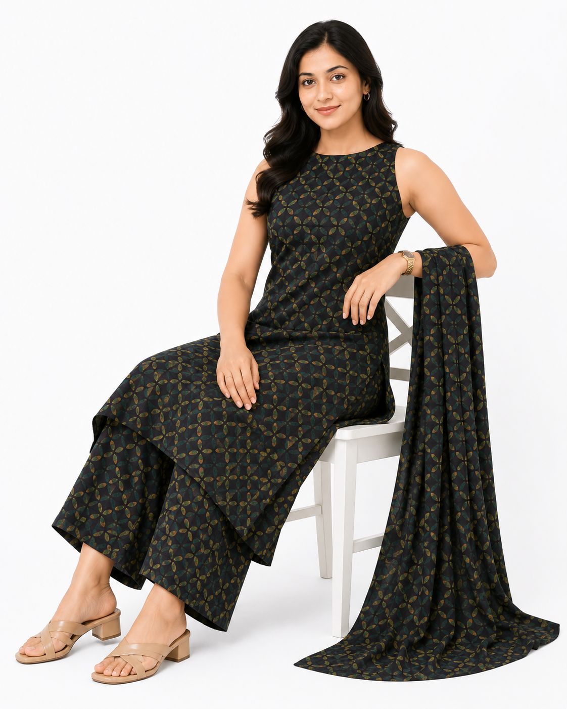 Women's Black & Olive Printed Sleeveless A-Line Kurta with Palazzo Set