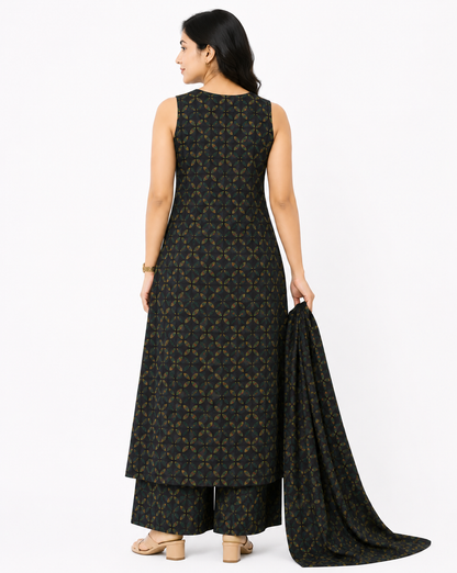 Women's Black & Olive Printed Sleeveless A-Line Kurta with Palazzo Set