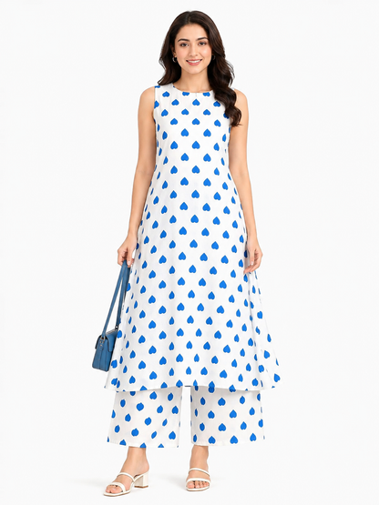 Women's White & Blue Heart Print Sleeveless A-Line Kurta Palazzo Set