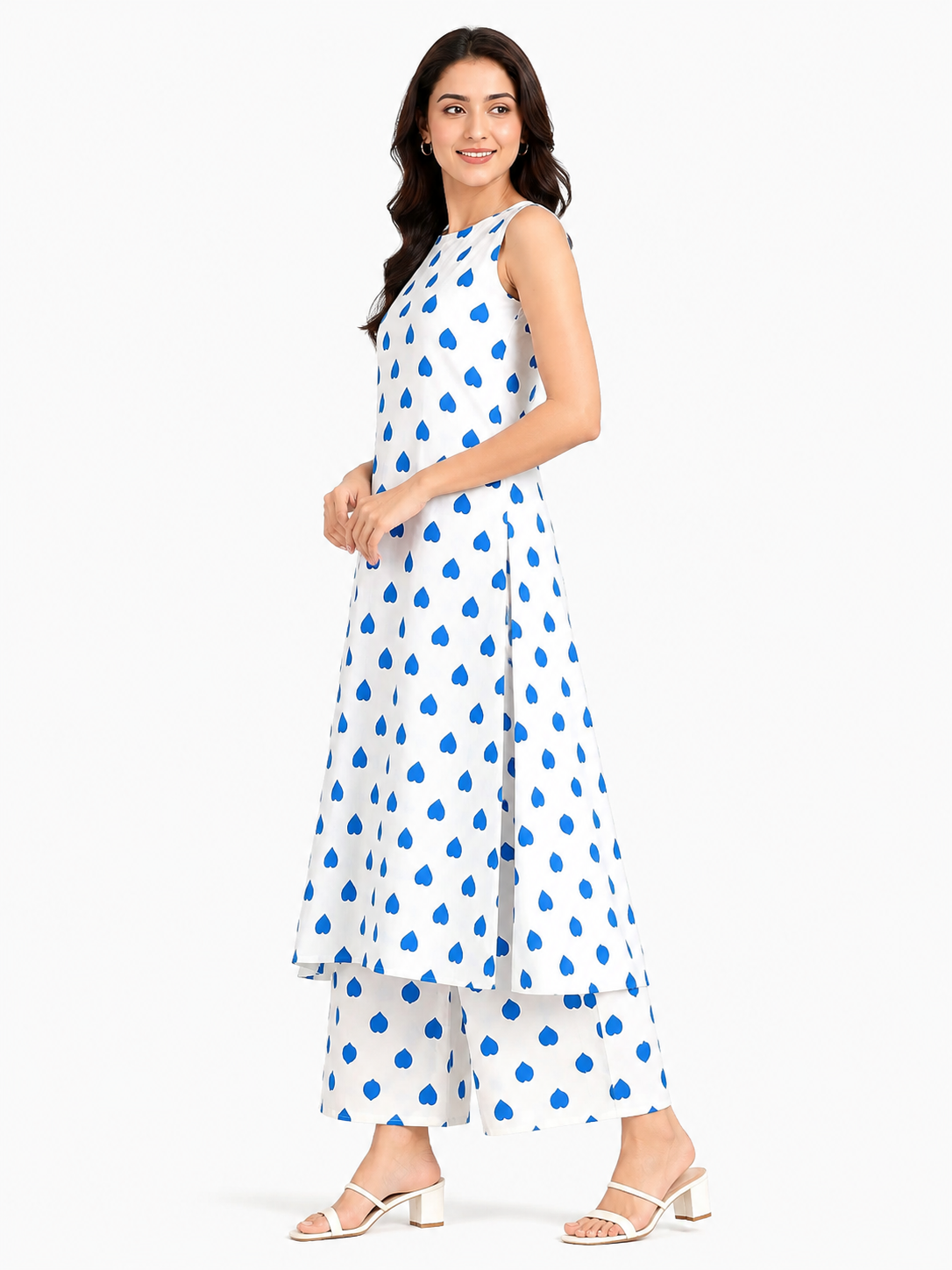Women's White & Blue Heart Print Sleeveless A-Line Kurta Palazzo Set