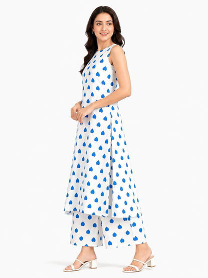 Women's White & Blue Heart Print Sleeveless A-Line Kurta Palazzo Set