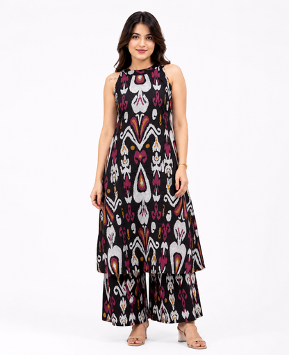 Women's Black Sleeveless Printed A-Line Kurta Palazzo Set