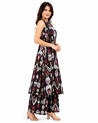 Women's Black Sleeveless Printed A-Line Kurta Palazzo Set