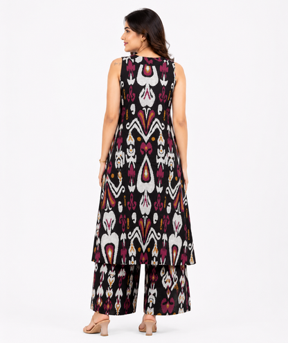 Women's Black Sleeveless Printed A-Line Kurta Palazzo Set