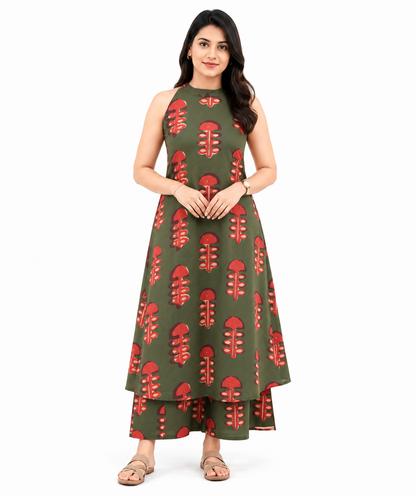 Women's Olive Green Printed Sleeveless A-Line Kurta Palazzo Co-Ord Set