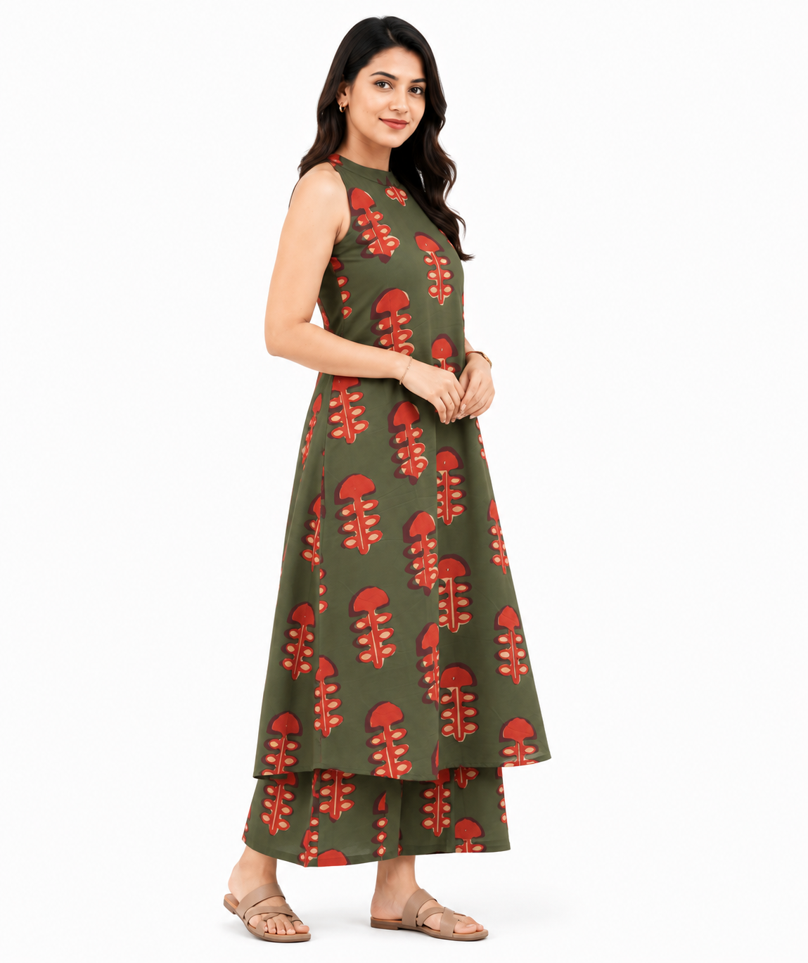 Women's Olive Green Printed Sleeveless A-Line Kurta Palazzo Co-Ord Set