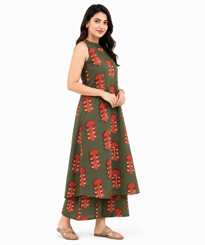 Women's Olive Green Printed Sleeveless A-Line Kurta Palazzo Co-Ord Set