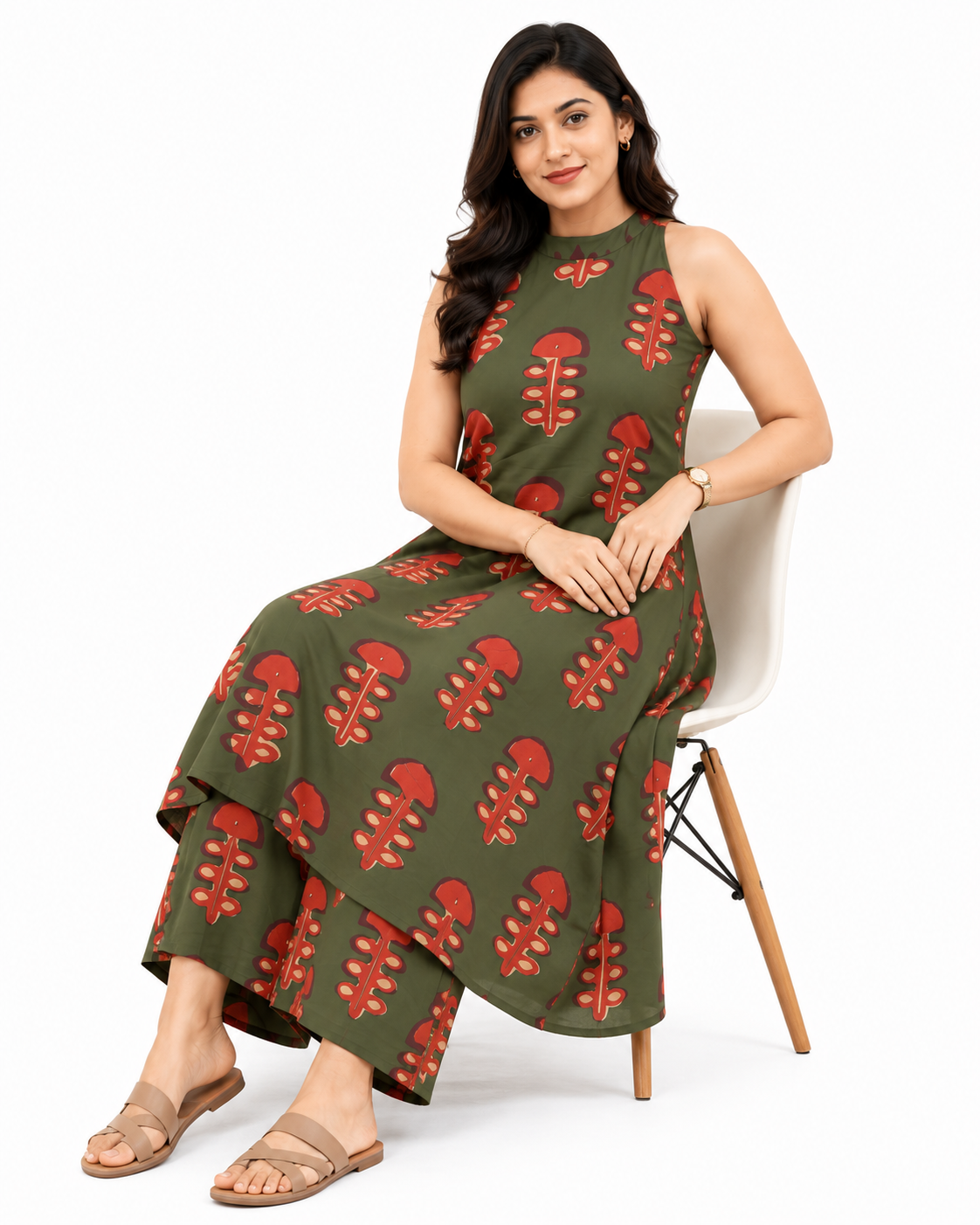 Women's Olive Green Printed Sleeveless A-Line Kurta Palazzo Co-Ord Set