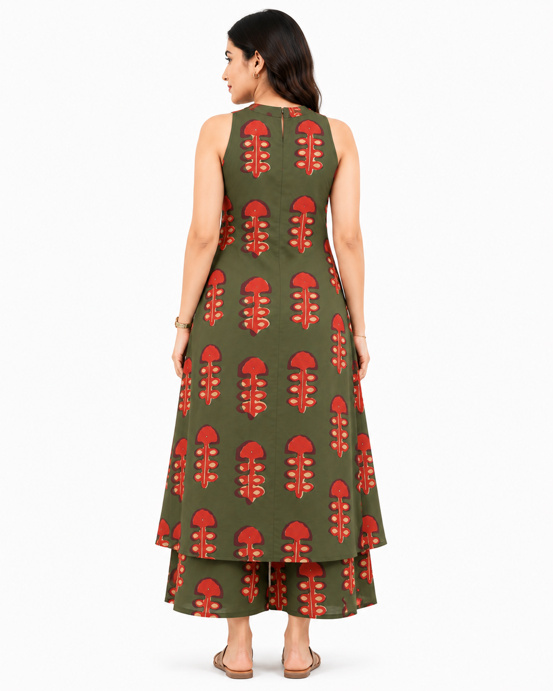 Women's Olive Green Printed Sleeveless A-Line Kurta Palazzo Co-Ord Set