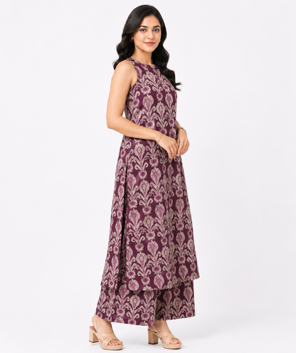 Women's Purple Floral Printed Sleeveless A-Line Kurta with Palazzo Set