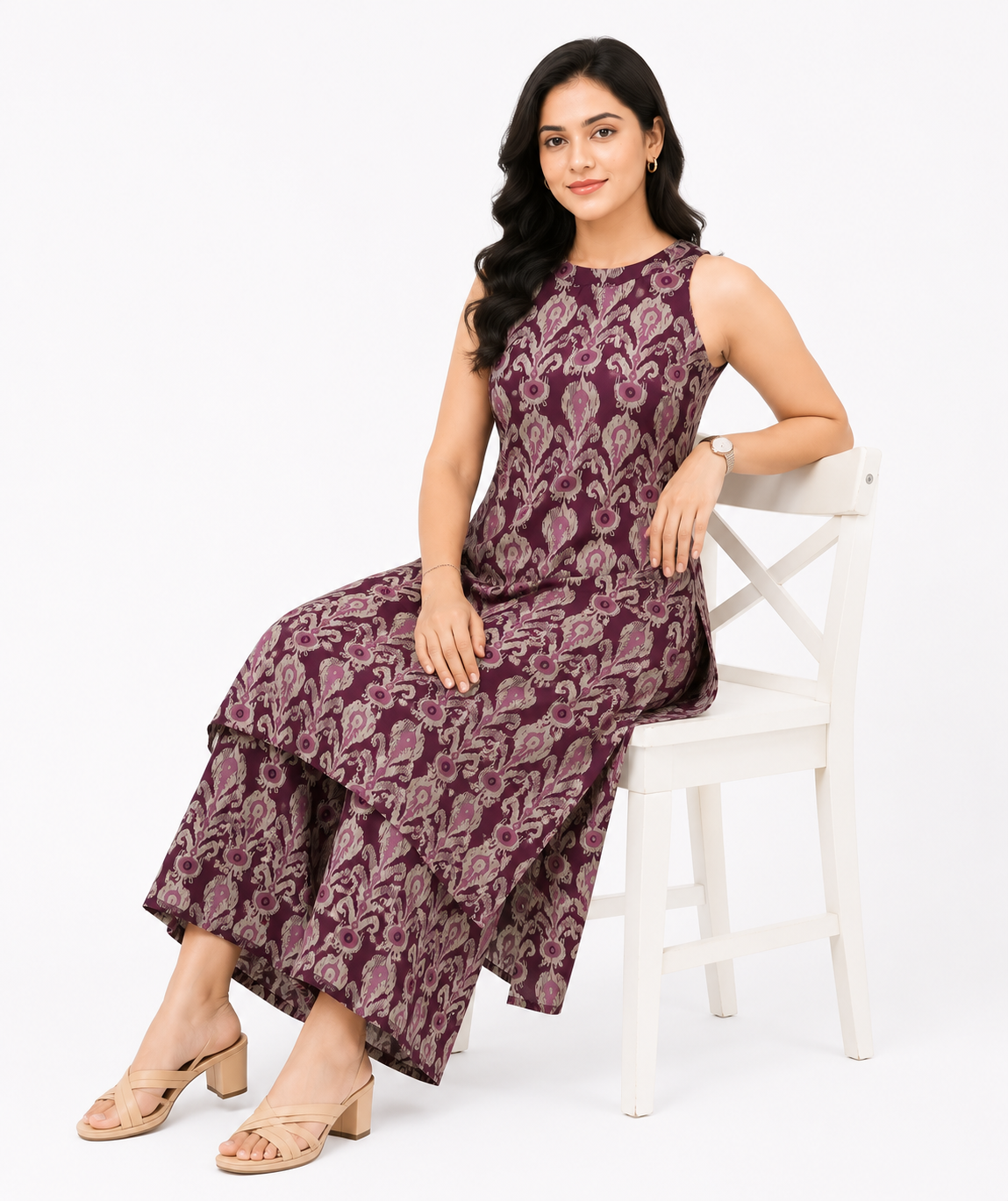 Women's Purple Floral Printed Sleeveless A-Line Kurta with Palazzo Set