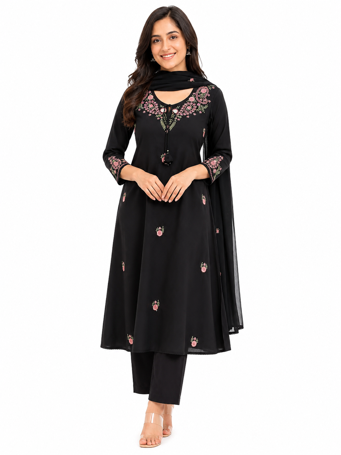 Black Floral Embroidered Cotton Blend Kurta Pant Set with Dupatta