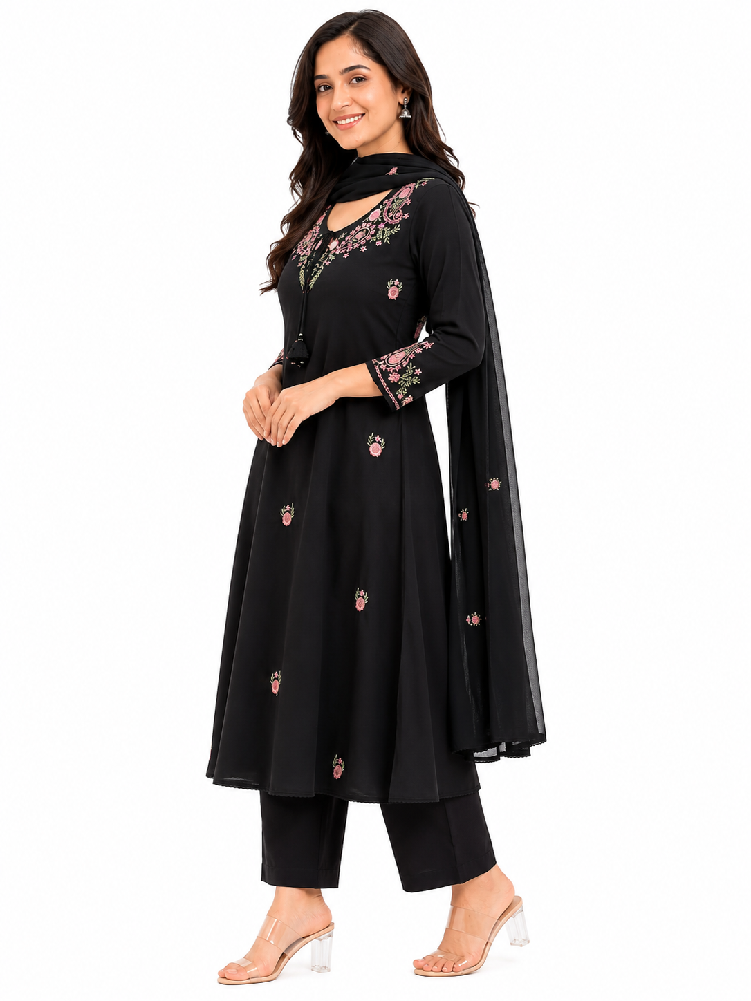 Black Floral Embroidered Cotton Blend Kurta Pant Set with Dupatta