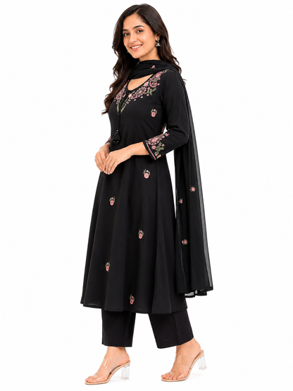 Black Floral Embroidered Cotton Blend Kurta Pant Set with Dupatta