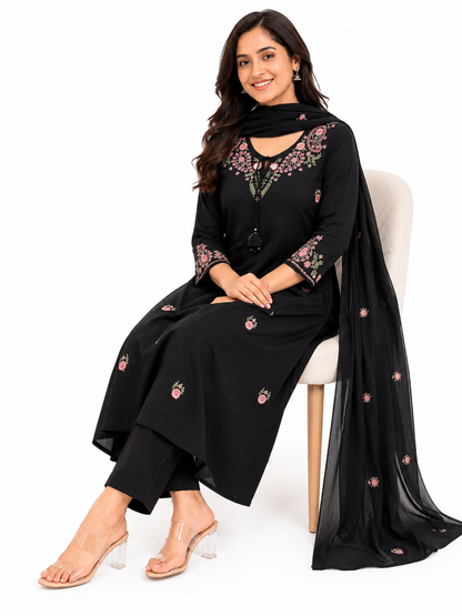 Black Floral Embroidered Cotton Blend Kurta Pant Set with Dupatta