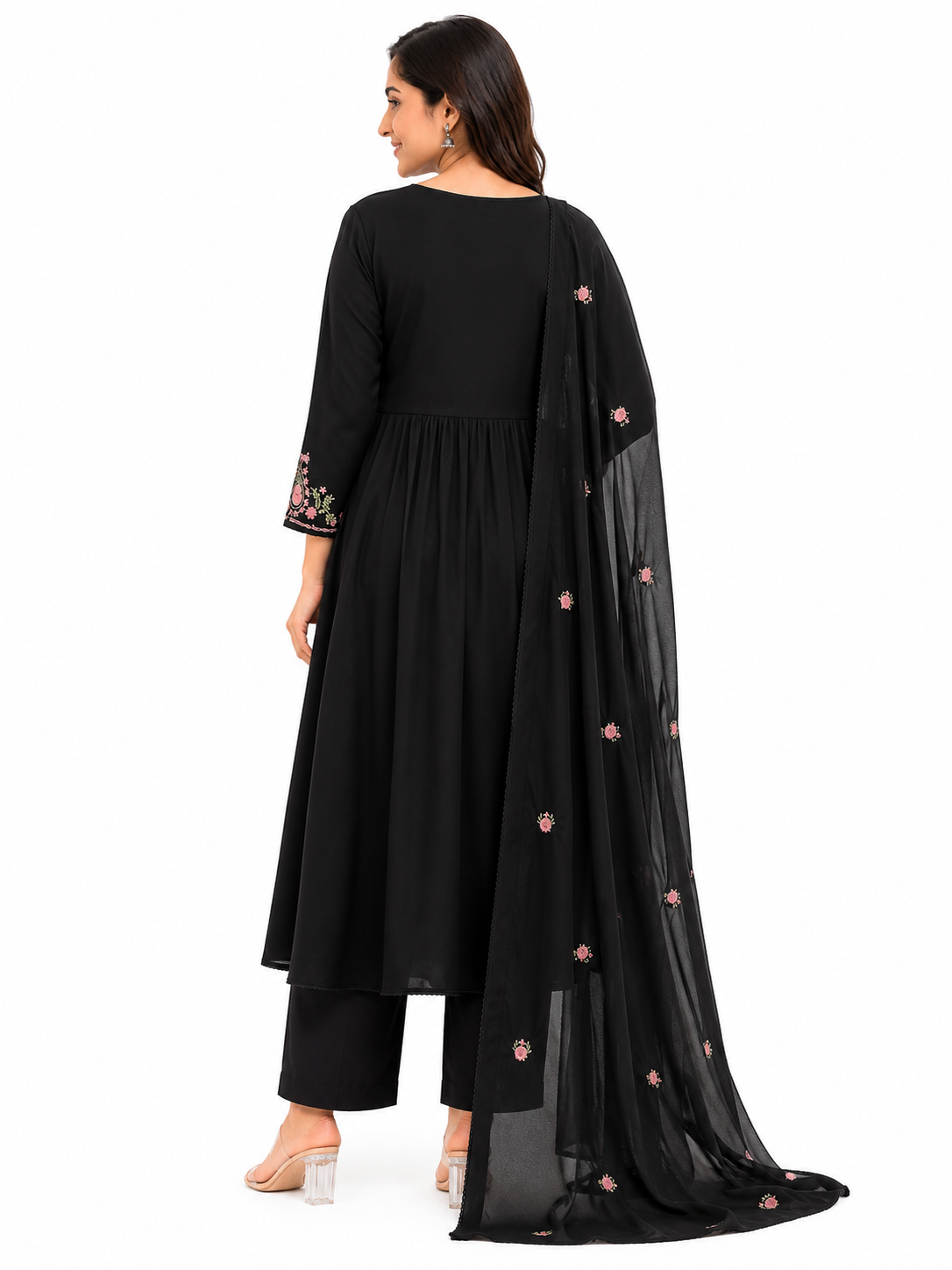 Black Floral Embroidered Cotton Blend Kurta Pant Set with Dupatta