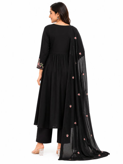 Black Floral Embroidered Cotton Blend Kurta Pant Set with Dupatta